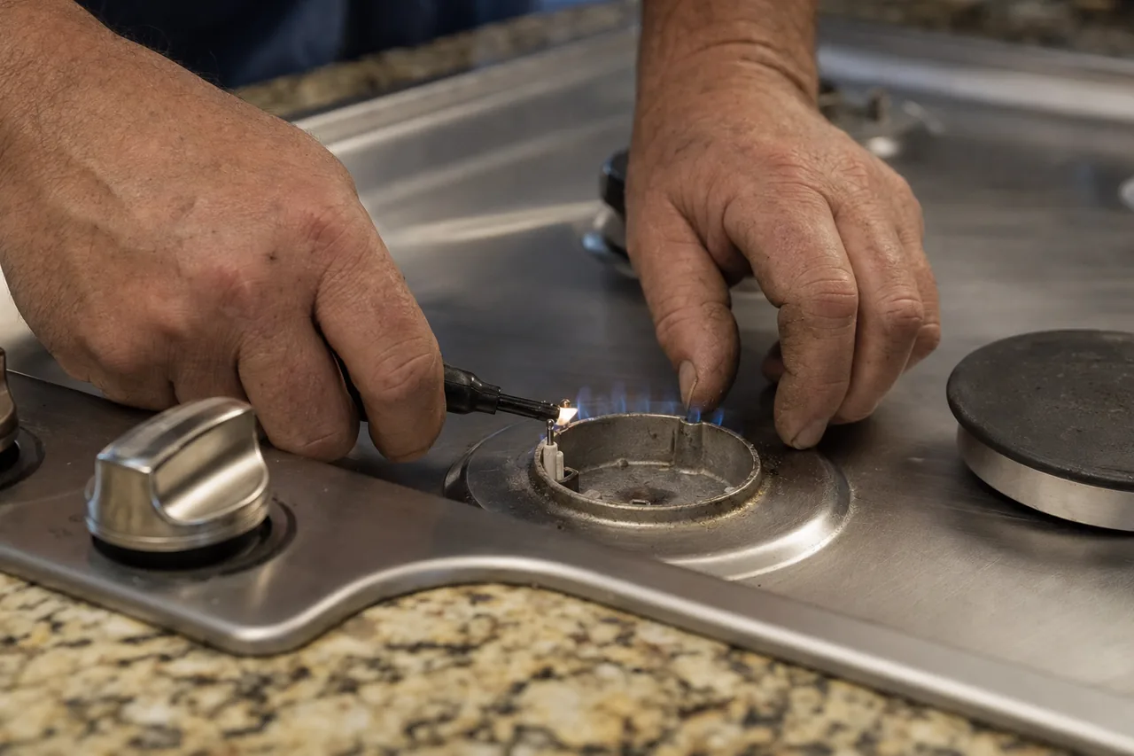 Technician adjusting a gas cooktop burner in a Garden City kitchen