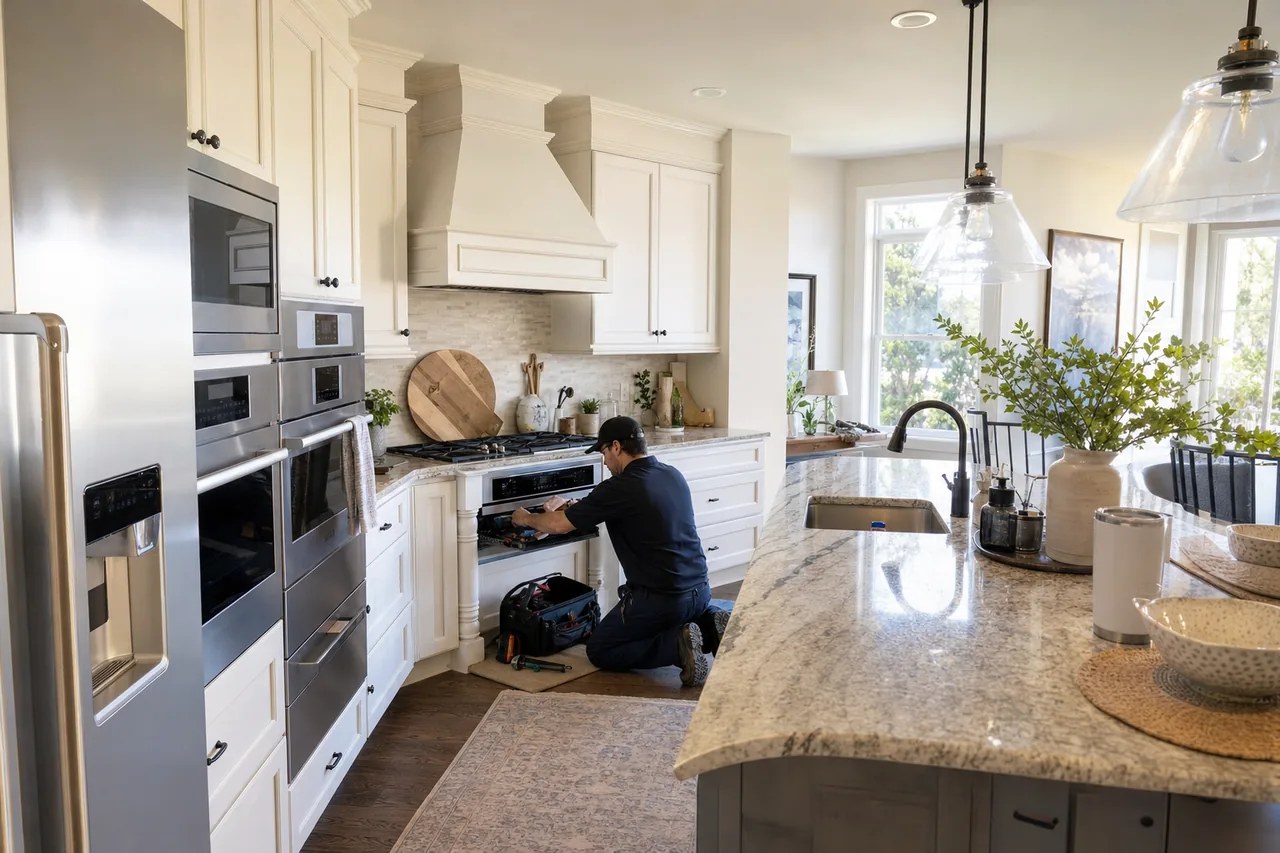 A luxury kitchen with built-in stainless appliances up close